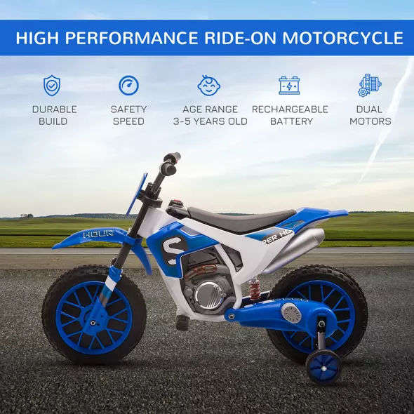 HOMCOM 12V Kids Electric Motorcycle Ride-On, with Training Wheels, for Ages 3-6 Years - Blue - 4