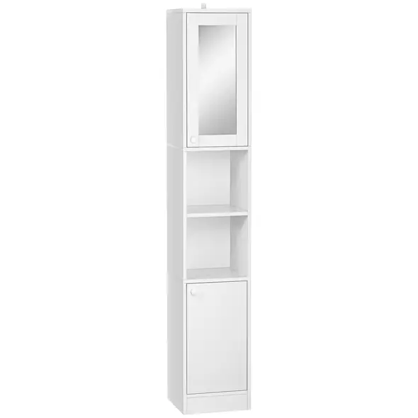 kleankin Tall Bathroom Storage Cabinet with Mirror, Narrow Bathroom Unit, Freestanding Bathroom Cupboard with Adjustable Shelves and 2 Doors, White - 1