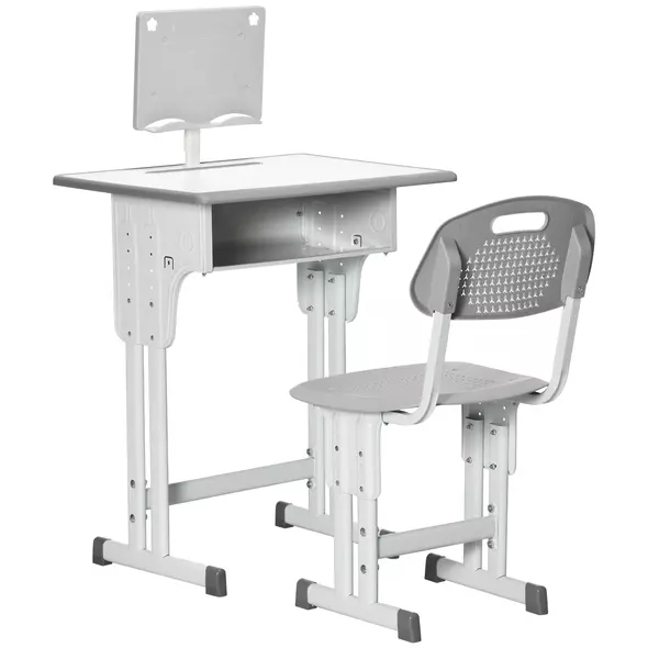 HOMCOM Kids Adjustable Desk and Chair Set, Book Stand, Pen Slot - Grey - 1