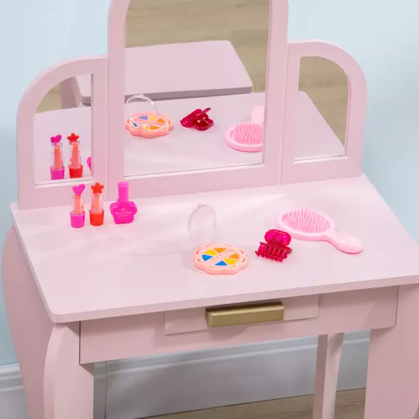 HOMCOM Kids Dressing Table Set, with Mirror and Drawer - Pink - 8
