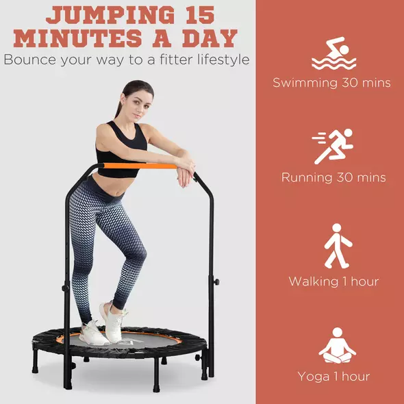 HOMCOM 40" Foldable Mini Fitness Trampoline, with Adjustable Foam Handle, Orange - 7