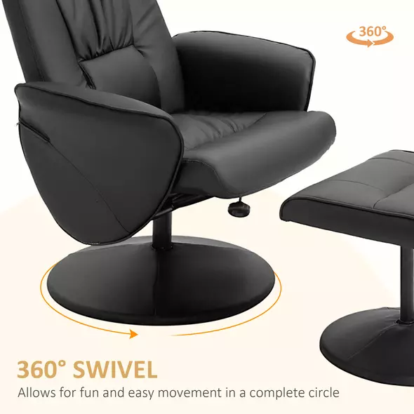 HOMCOM Swivel Recliner Chair with Footstool, PU Leather Armchair and Ottoman with High Back and Round Base for Living Room, Black - 5