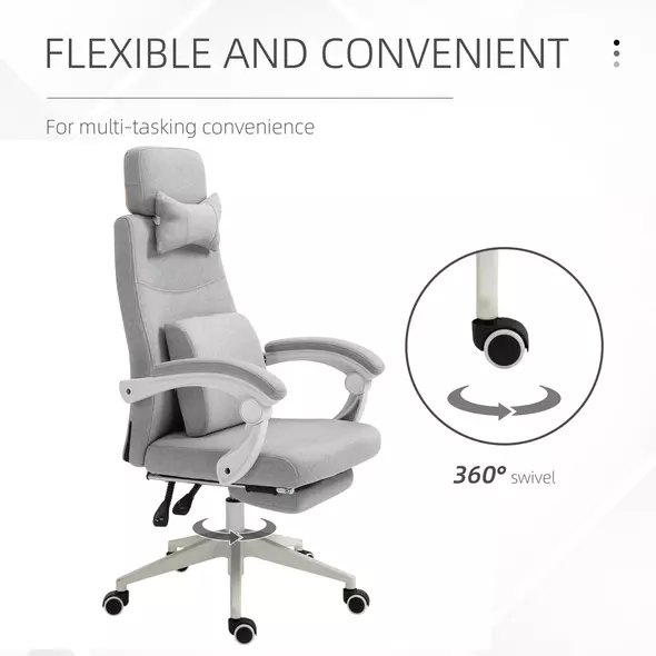 Vinsetto Office Chair, High Back Fabric Work Chair with 160° Reclining Backrest, Retractable Footrest, Neck and Lumbar Pillow, Light Grey - 7