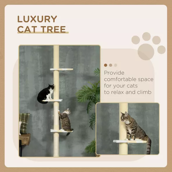 PawHut 260cm Adjustable Floor-To-Ceiling Cat Tree w/ Anti-Tipping Kit, Toy Ball - 4
