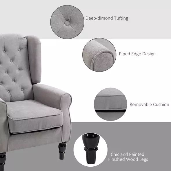 HOMCOM Retro Accent Chair, Wingback Armchair with Wood Frame Button Tufted Design for Living Room Bedroom, Grey - 5