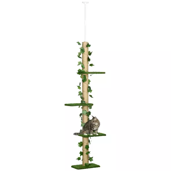 PawHut 242cm Adjustable Floor-To-Ceiling Cat Tree, with Artificial Decoration, Perches, Anti-Slip Kit - Green - 1