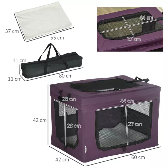 PawHut 60cm Pet Carrier, with Cushion, for Miniature Dogs - Purple - 3