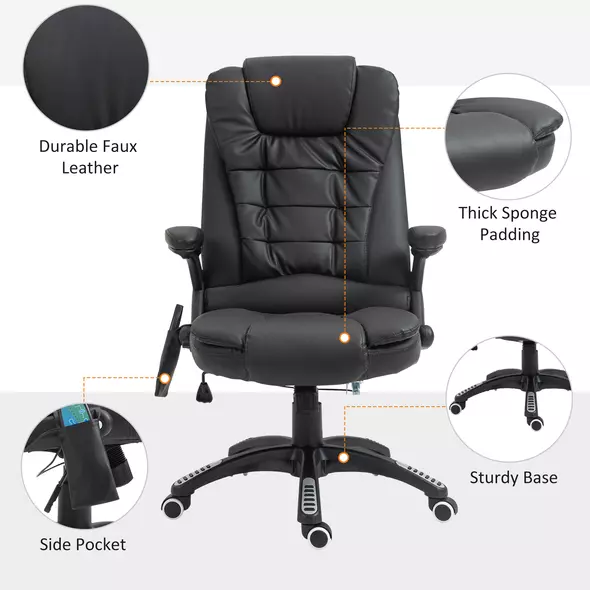 HOMCOM 6-Point Massage Office Chair with Seat Heated for Home Office, PU Leather High Back Executive Desk Chair with Adjustable Height and 360° Swivel for Work Study, Black - 8