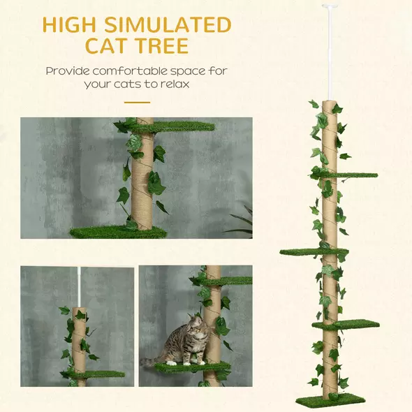 PawHut 242cm Adjustable Floor-To-Ceiling Cat Tree, with Artificial Decoration, Perches, Anti-Slip Kit - Green - 4