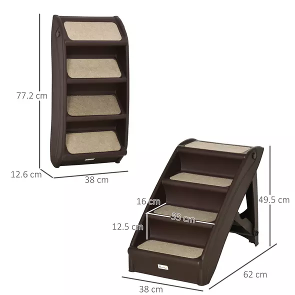 PawHut Foldable Four-Step Pet Stairs, for Cats, Small Miniature Dogs, with Non-Slip Mats 62 x 38 x 49.5cm - Brown - 3