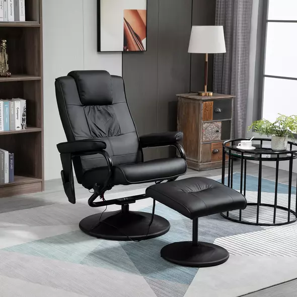 HOMCOM Swivel Recliner Chair and Footstool, Faux Leather Massage Recliner Armchair with Remote Control and Round Wrapped Base, Black - 9