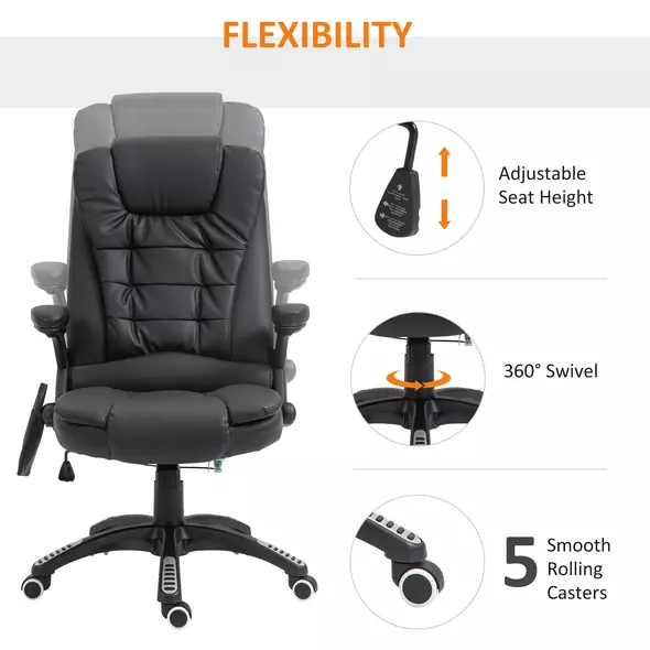HOMCOM 6-Point Massage Office Chair with Seat Heated for Home Office, PU Leather High Back Executive Desk Chair with Adjustable Height and 360° Swivel for Work Study, Black - 5