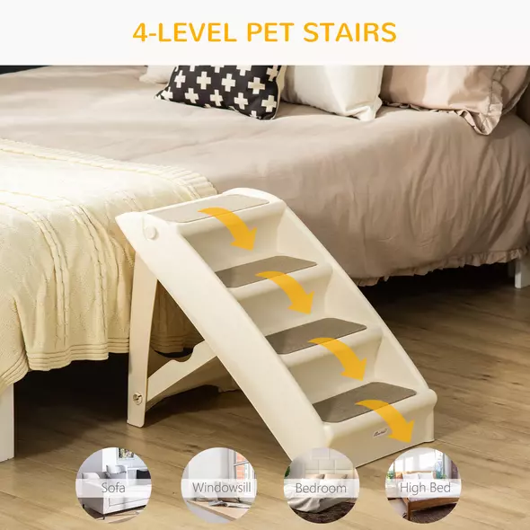 PawHut Foldable Four-Step Pet Stairs, for Cats, Small Miniature Dogs, with Non-Slip Mats 62 x 38 x 49.5cm - Beige - 7