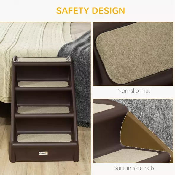 PawHut Foldable Four-Step Pet Stairs, for Cats, Small Miniature Dogs, with Non-Slip Mats 62 x 38 x 49.5cm - Brown - 5