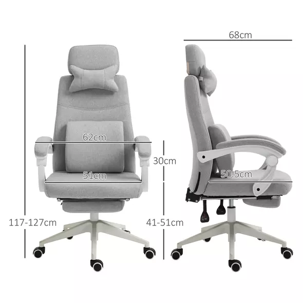 Vinsetto Office Chair, High Back Fabric Work Chair with 160° Reclining Backrest, Retractable Footrest, Neck and Lumbar Pillow, Light Grey - 3