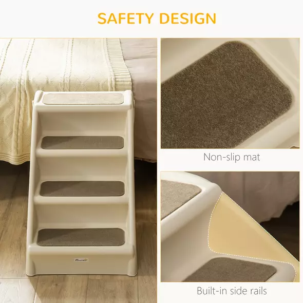 PawHut Foldable Four-Step Pet Stairs, for Cats, Small Miniature Dogs, with Non-Slip Mats 62 x 38 x 49.5cm - Beige - 5