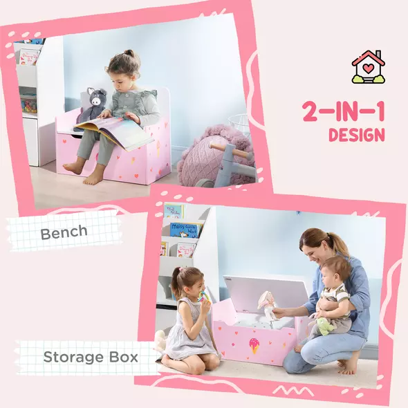 ZONEKIZ 2-in-1 Kids Storage Bench, Toy Box w/ Safety Rod - Pink - 4