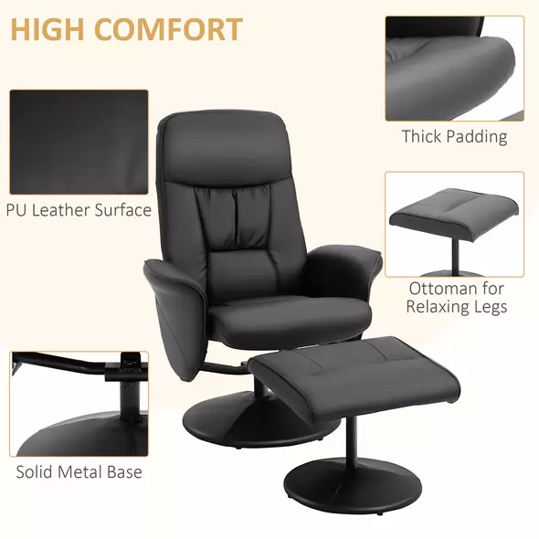 HOMCOM Swivel Recliner Chair with Footstool, PU Leather Armchair and Ottoman with High Back and Round Base for Living Room, Black - 6