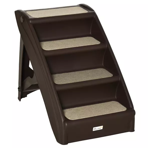 PawHut Foldable Four-Step Pet Stairs, for Cats, Small Miniature Dogs, with Non-Slip Mats 62 x 38 x 49.5cm - Brown - 1