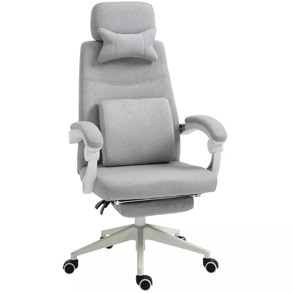 Vinsetto Office Chair, High Back Fabric Work Chair with 160° Reclining Backrest, Retractable Footrest, Neck and Lumbar Pillow, Light Grey - 1