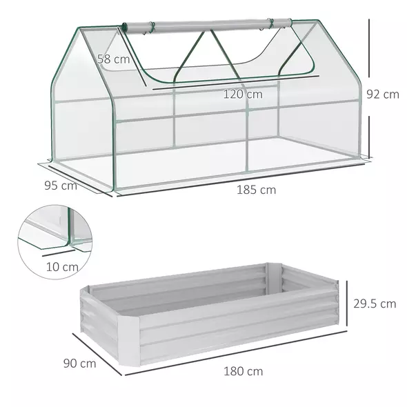 Outsunny Raised Garden Bed with Greenhouse, Steel Planter Box with Plastic Cover, Roll Up Window, Dual Use for Flowers, Vegetables, Fruits and Herbs, 185L x 95W x 92H cm, Clear - 3