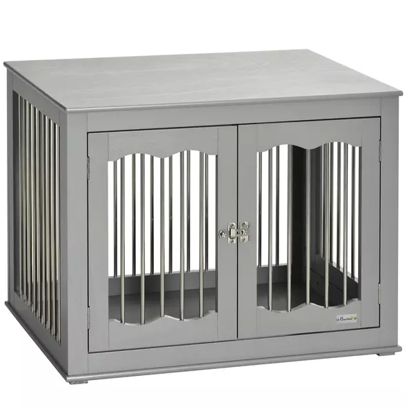 PawHut Dog Crate End Table Furniture Style Dog Cage w/ Three Doors, Locks and Latches - Grey - 1