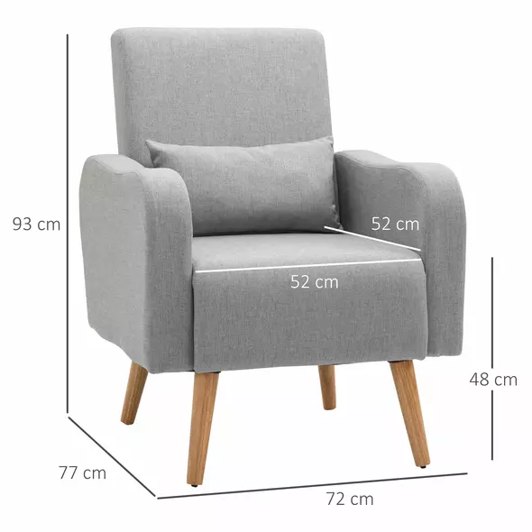 HOMCOM Accent Chair, Linen-Touch Armchair with Pillow, Upholstered Leisure Lounge Sofa for Living Room, Club Chair with Rubber Wooden Frame, Grey - 3