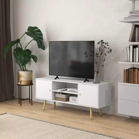 HOMCOM TV Stand Cabinet up to 55 Inches, TV Unit with Storage Shelves and Wood Legs for Living Room, Bedroom, White - 2