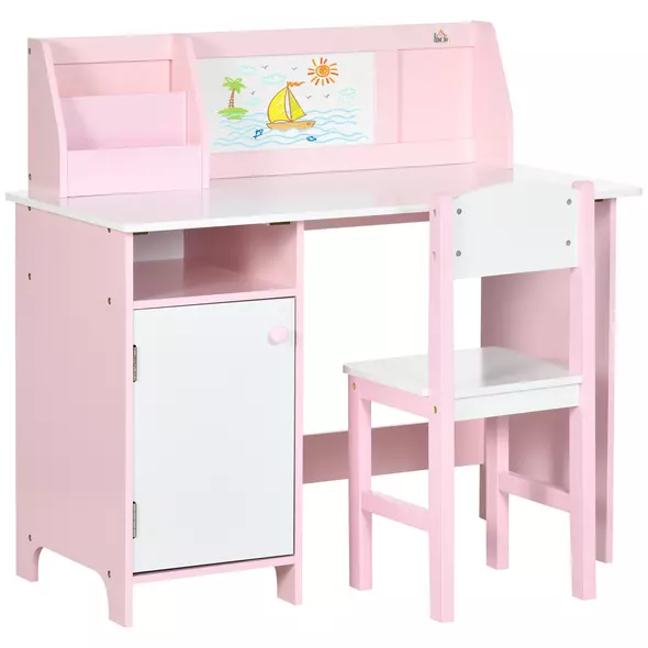 HOMCOM Kids Desk And Chair Set 2 PCs Childrens Table And Chair Set Multi Use Toddler Furniture with Whiteboard, Storage - Pink - 1