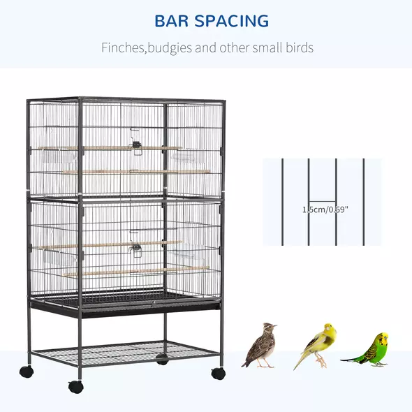 PawHut Large Bird Cage Budgie Cage for Finch Canaries Parakeet with Rolling Stand, Slide-out Tray, Storage Shelf, Food Containers, Dark Grey - 6
