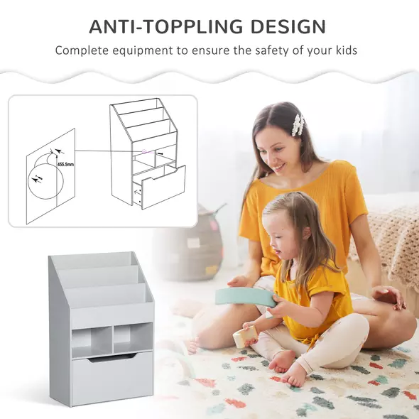 HOMCOM Kids Bookshelf, Toy Organiser, with Storage Drawer, Wheels - Grey - 6