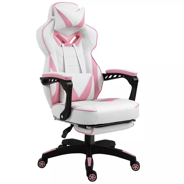Vinsetto Computer Gaming Chair, Racing Desk Chair with Lumbar Support and Footrest, PU Leather Gamer Chair with Headrest and Swivel Wheels for Home, Pink - 1
