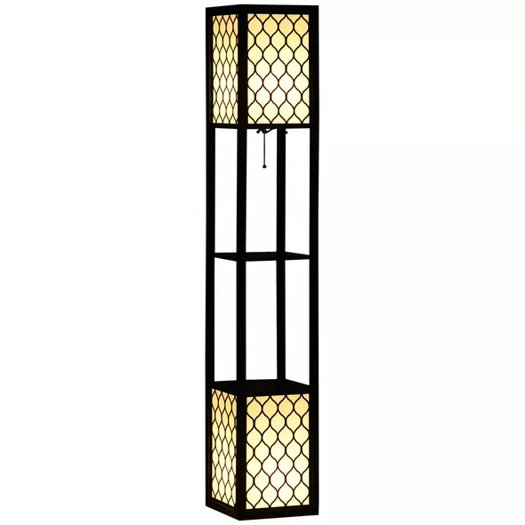 HOMCOM Floor Lamp with Shelves, Modern Tall Standing Lamps with Fabric Lampshade, Chain Switch and Dual Light for Living Room, Bedroom, Bulb not Included, Black - 1