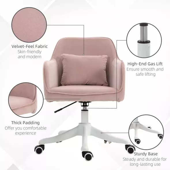 Vinsetto Velvet Office Chair, Desk Chair, Makeup Vanity Chair with Massage Lumbar Pillow and Rolling Wheels for Bedroom and Home, Pink - 7