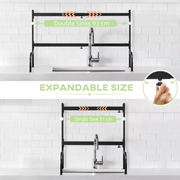 HOMCOM Space Saving 2 Tier Adjustable Dish Drainer Over The Sink Dish Drying Rack, Black - 6