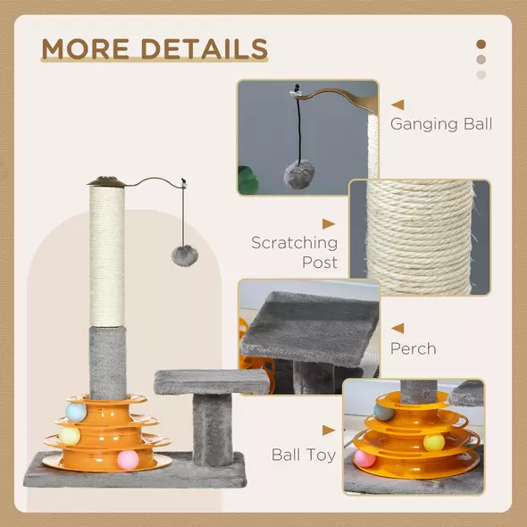 PawHut 56cm Cat Tree Tower Activity Centre, Climbing Stand Kitten House Furniture w/ Scratching Posts, Toy Ball - Grey - 5