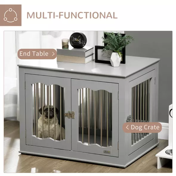 PawHut Dog Crate End Table Furniture Style Dog Cage w/ Three Doors, Locks and Latches - Grey - 5