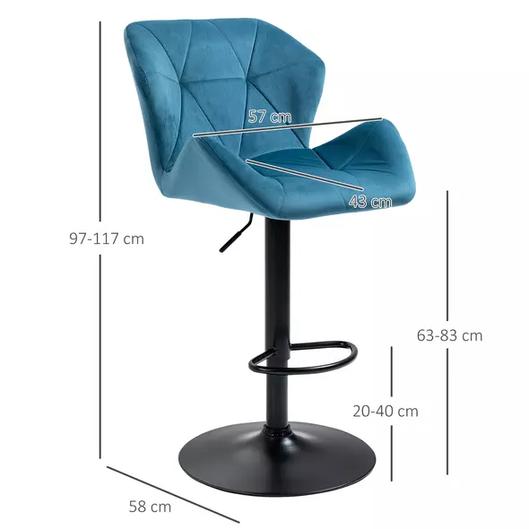 HOMCOM Bar Stools Set Of 2, Luxurious Velvet-Touch Barstools with Metal Frame Footrest Round Base Triangle Indenting Moulded Seat Adjustable Height Swivel Blue - 3