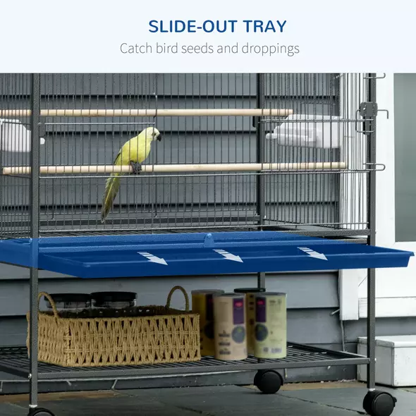 PawHut Large Bird Cage Budgie Cage for Finch Canaries Parakeet with Rolling Stand, Slide-out Tray, Storage Shelf, Food Containers, Dark Grey - 4