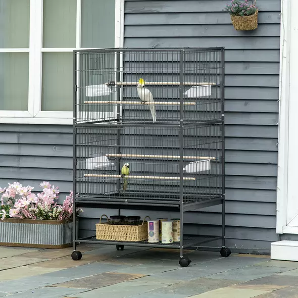 PawHut Large Bird Cage Budgie Cage for Finch Canaries Parakeet with Rolling Stand, Slide-out Tray, Storage Shelf, Food Containers, Dark Grey - 2