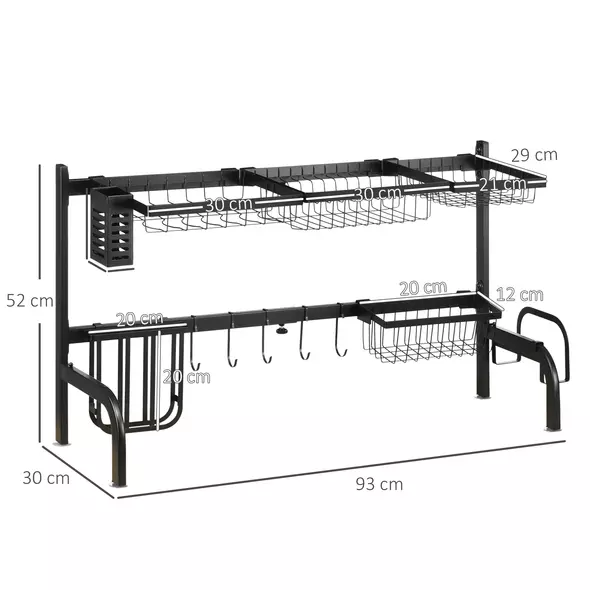 HOMCOM Space Saving 2 Tier Adjustable Dish Drainer Over The Sink Dish Drying Rack, Black - 3