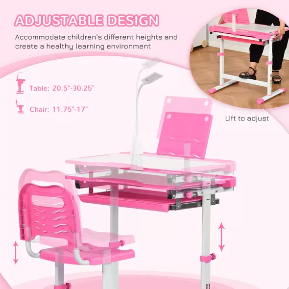 HOMCOM Kids Study Desk and Chair Set w/ Adjustable Height, Storage, Drawer, Pink - 4
