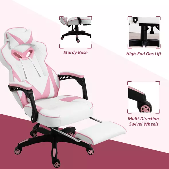 Vinsetto Computer Gaming Chair, Racing Desk Chair with Lumbar Support and Footrest, PU Leather Gamer Chair with Headrest and Swivel Wheels for Home, Pink - 7