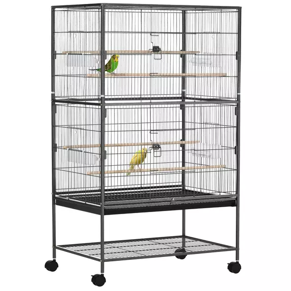 PawHut Large Bird Cage Budgie Cage for Finch Canaries Parakeet with Rolling Stand, Slide-out Tray, Storage Shelf, Food Containers, Dark Grey - 1