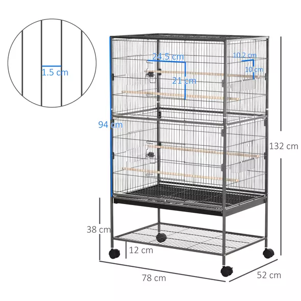 PawHut Large Bird Cage Budgie Cage for Finch Canaries Parakeet with Rolling Stand, Slide-out Tray, Storage Shelf, Food Containers, Dark Grey - 3