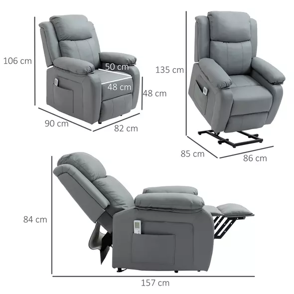 HOMCOM Riser and Recliner Chair with Massage, Power Lift Recliner Chair for Elderly with Remote Control, Extended Footrest, Dual Side Pockets, Overstuffed Electric Reclining Armchair, Grey - 3