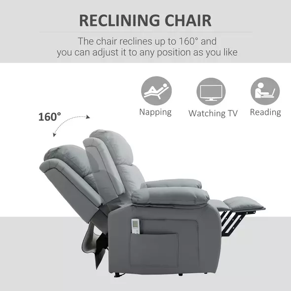 HOMCOM Riser and Recliner Chair with Massage, Power Lift Recliner Chair for Elderly with Remote Control, Extended Footrest, Dual Side Pockets, Overstuffed Electric Reclining Armchair, Grey - 5