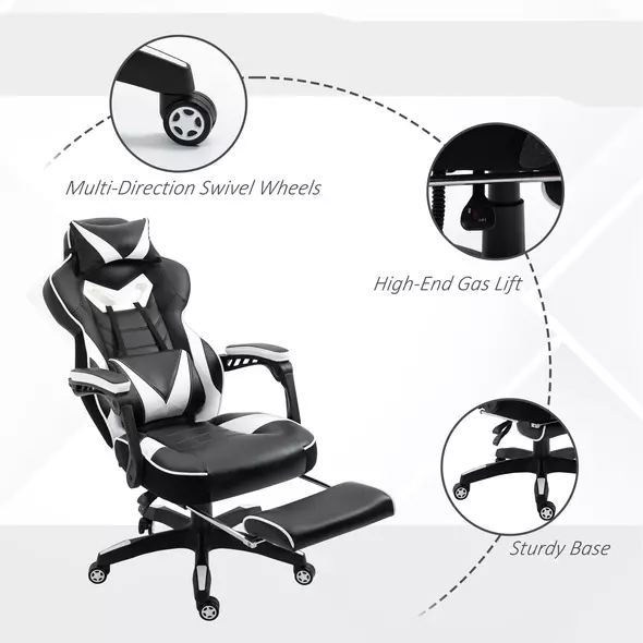 Vinsetto Computer Gaming Chair, Racing Desk Chair with Lumbar Support and Footrest, PU Leather Gamer Chair with Headrest and Swivel Wheels for Home, White - 7