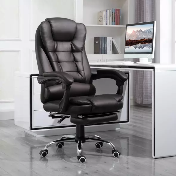 HOMCOM PU Leather Executive Office Chair, High Back Swivel Chair with Retractable Footrest, Adjustable Height, Reclining Function, Brown - 2