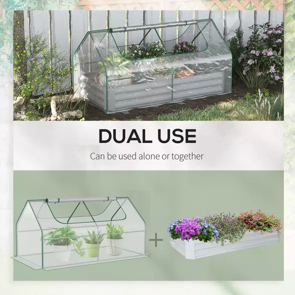 Outsunny Raised Garden Bed with Greenhouse, Steel Planter Box with Plastic Cover, Roll Up Window, Dual Use for Flowers, Vegetables, Fruits and Herbs, 185L x 95W x 92H cm, Clear - 4